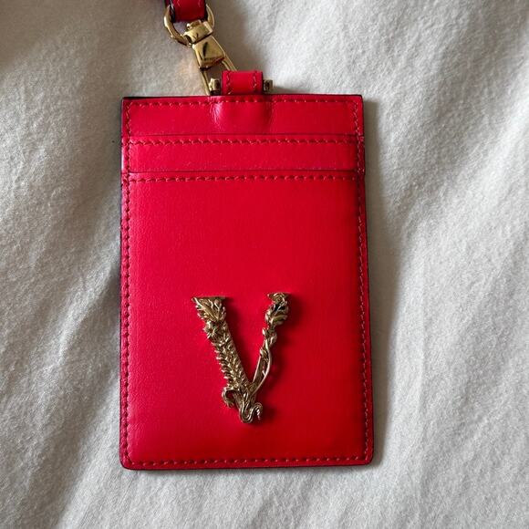 VERSACE Virtus Lanyard Red Leather Gold Barocco V Logo ID Card Case - NIB - Picture 10 of 11